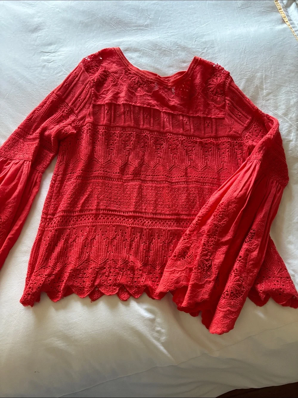 Free People Red Crochet Lace Bell-Sleeve Top
